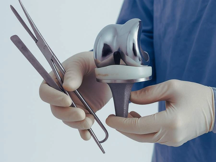 Chirurgo ortopedico che mostra una protesi di ginocchio durante un intervento di revisione.